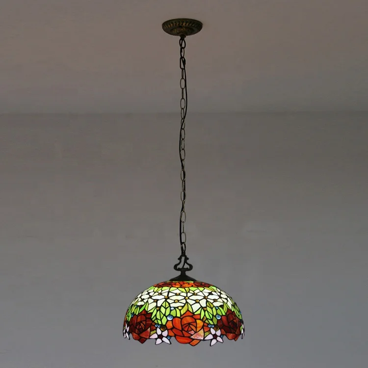 LongHuiJing Rose Tiffany Chandelier Ceiling Lights Colored Glass Restaurant Pendant Lamp
