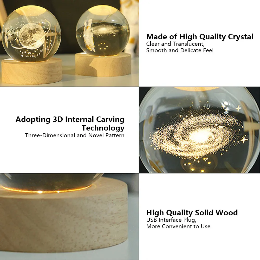 Customized 3D Art Crystal Ball Night Lamp Luminous Crystal Ball Decoration Solar System LED Night Lights Desktop Home Decor