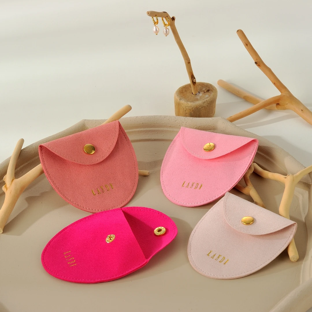 Customized Microfiber Mini Oval Packing Bag Ring Earring Necklace Snap Arc-Shaped Button Jewelry Pouch With Custom Logo
