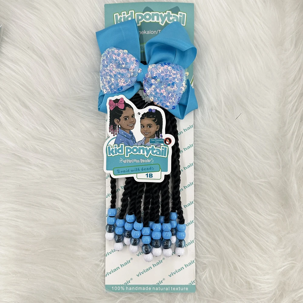 Pink glitter bow with beads ponytail rose pink color 6inch 8inch kids braided ponytail with sengel twist box braid styles