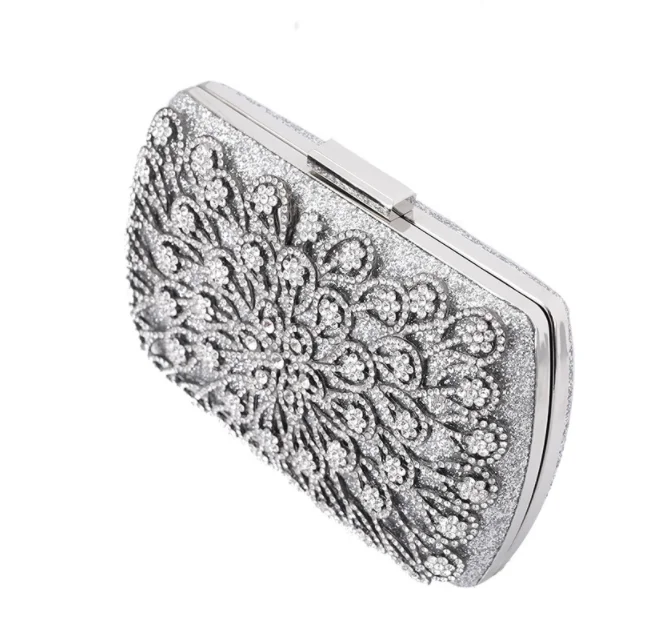 Wholesale evening clutch bags with crystal silver flower evening clutch women bags wedding shiny party bags