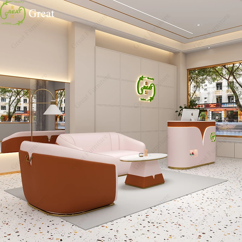 High end design nail salon front desk modern small wooden clinic reception desk with led lights