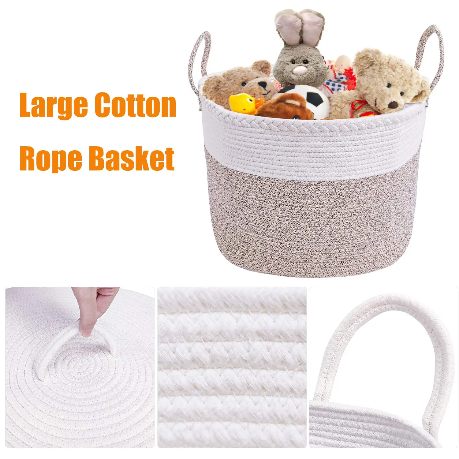 KUYUE Large Cotton Rope Storage Baskets Woven Laundry Hamper Cotton Basket with Unique Braid