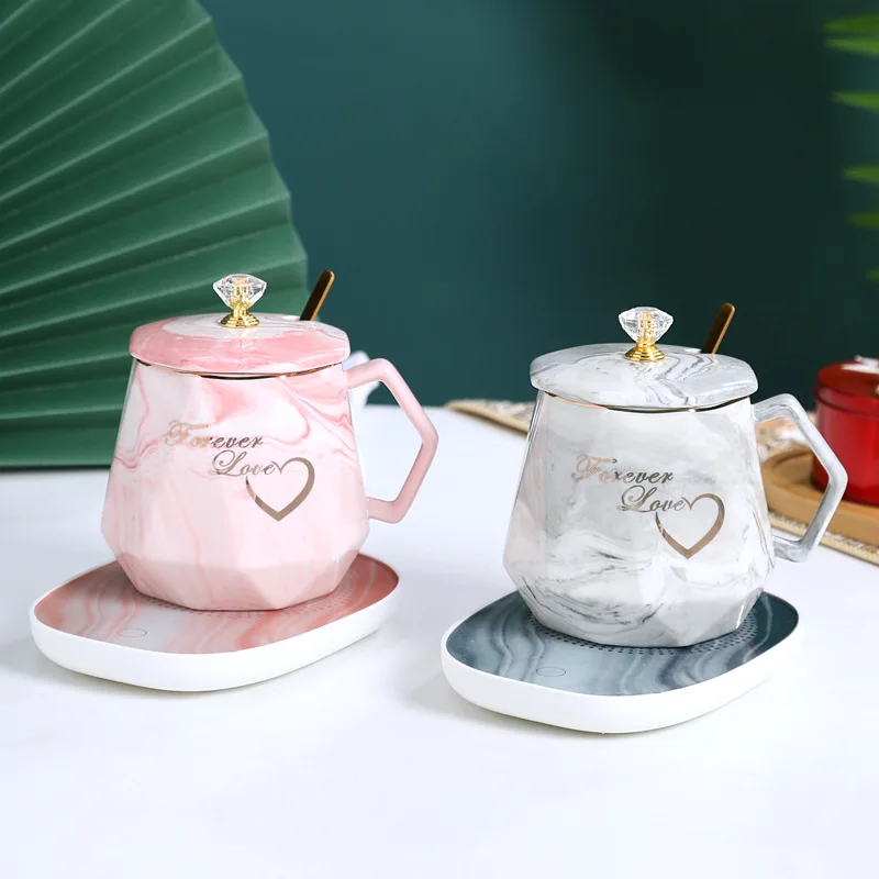 Wholesale 55 Degree Thermostatic Cup Gift Box Coffee Cup Set USB Automatic Heating Marble Mug with Gift Box
