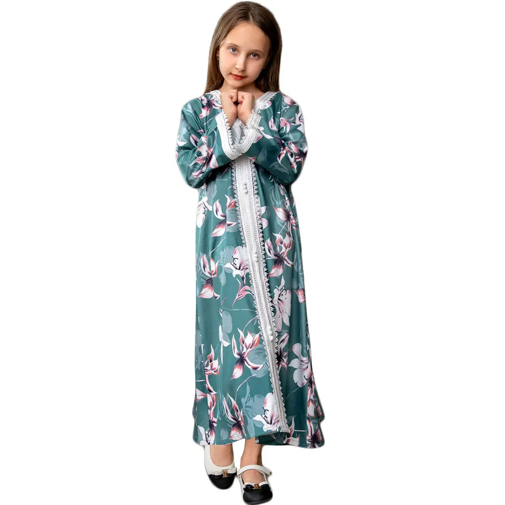 New fashion Green printed kids girls muslim children dresses islamic clothing abaya