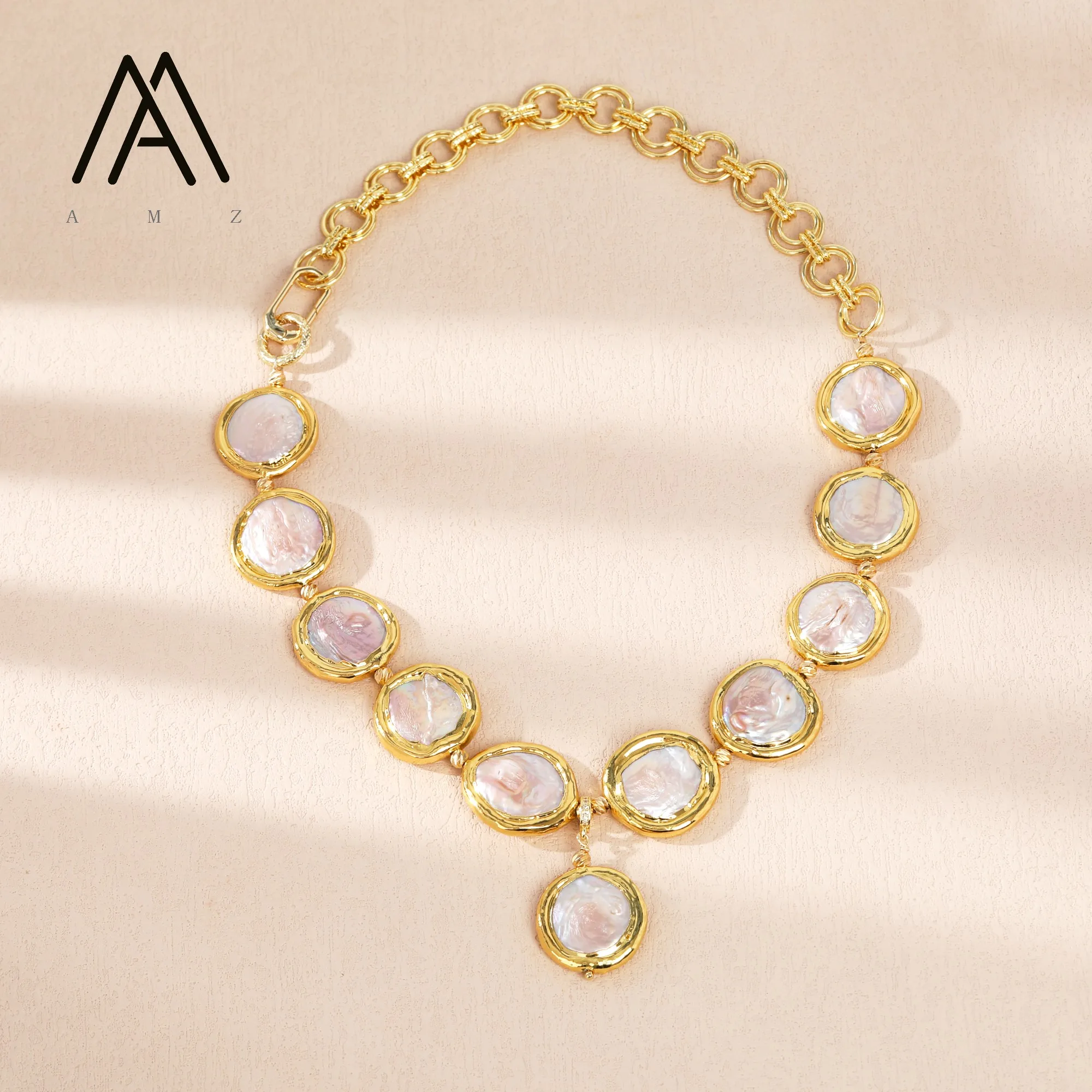 Natural Disc Buckle Pearl Necklace Gold Plated Brass Chain  Trendy Link Chain Design Jewelry Shape Pattern