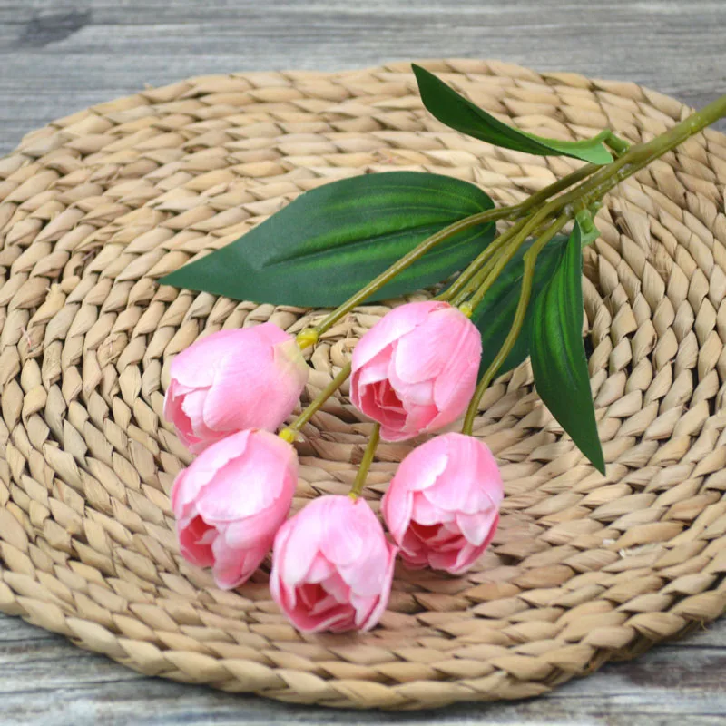 Bulk High Quality Wedding Decoration Latex Silk 5 Branch Yellow Artificial Flower Tulips