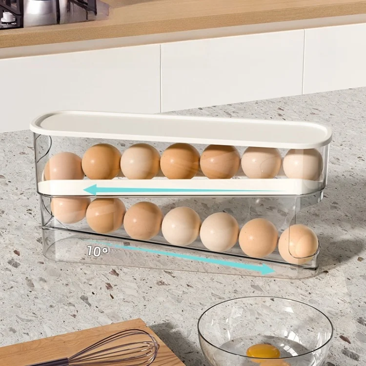 Automatic Rolling Container Drawer 2-Tier Plastic Egg Holder for Fridge Storage Egg Box for Refrigerator Use
