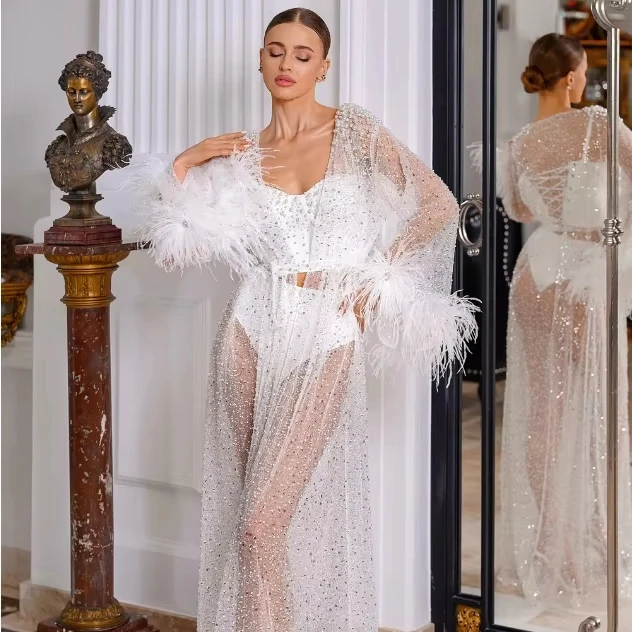 High quality custom bridal gowns for photography elegant airy dress with a unique Beaded sequins and tassels design embellished