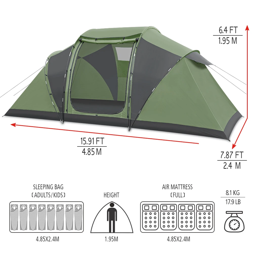 6-8 Person Waterproof Four Seasons Luxury Family Tunnel Glamping Tents Camping Outdoor kids canvas Tent