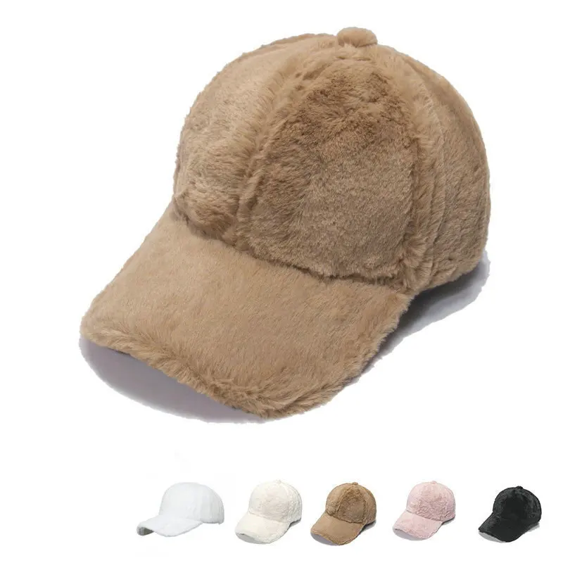 Winter solid color rabbit hair outdoor thickened warm casual plush trend adult baseball caps