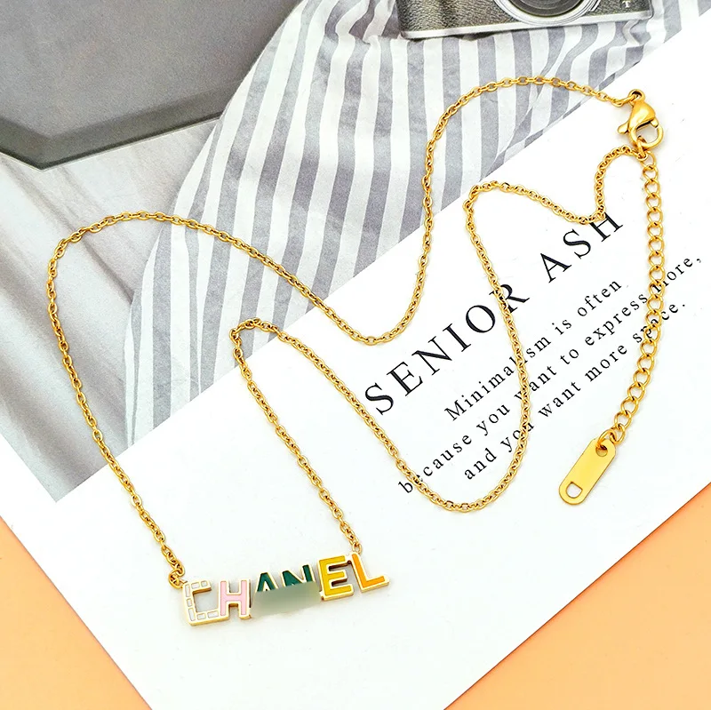 English letters rainbow nameplate oil dripping titanium steel necklace