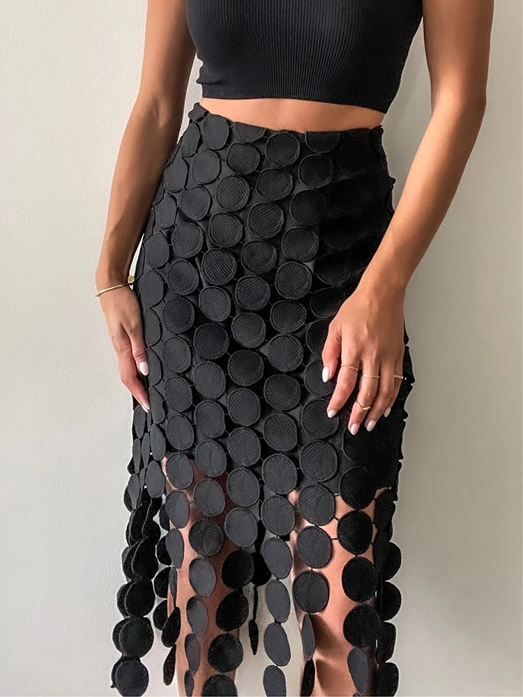 TWOTWINSTYLE High Waist Round Patchwork Hollow Out With Tassel Women Knee Length Skirt