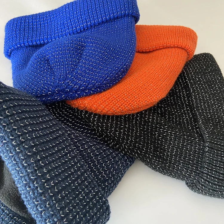 Reflective Material  Polar Fleece Inside Customized OEM Brand Hat bulk Beanie acrylic Custom Hat