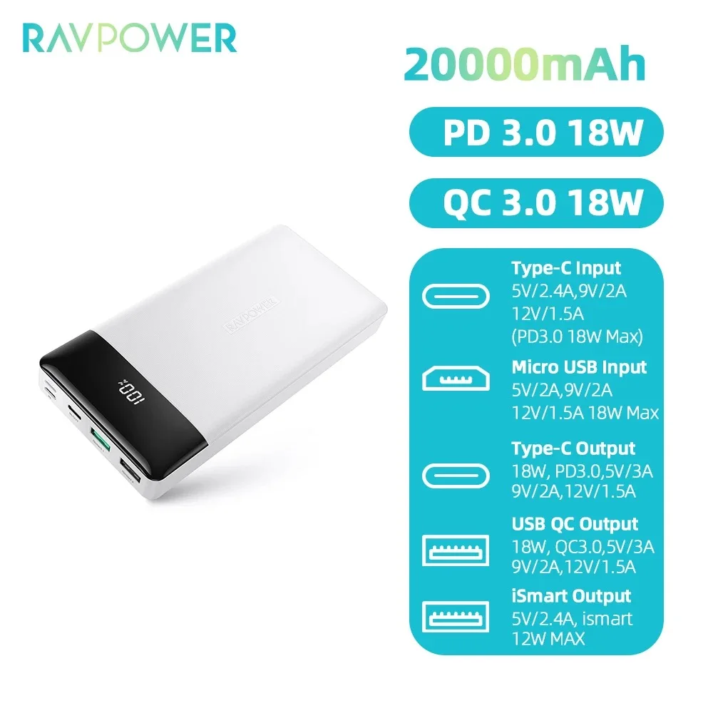 RAVPower новейший 20000 мАч цифровой дисплей внешний аккумулятор мини USB 2 PD микро портативное зарядное устройство