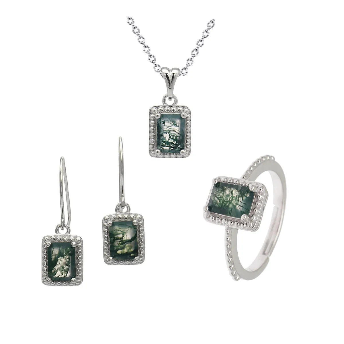 925 Sterling Silver Green Moss Agate Gemstones Oval Pendant Necklace Ring Earrings Set Cubic Zirconia Jewelry Set For Ladies