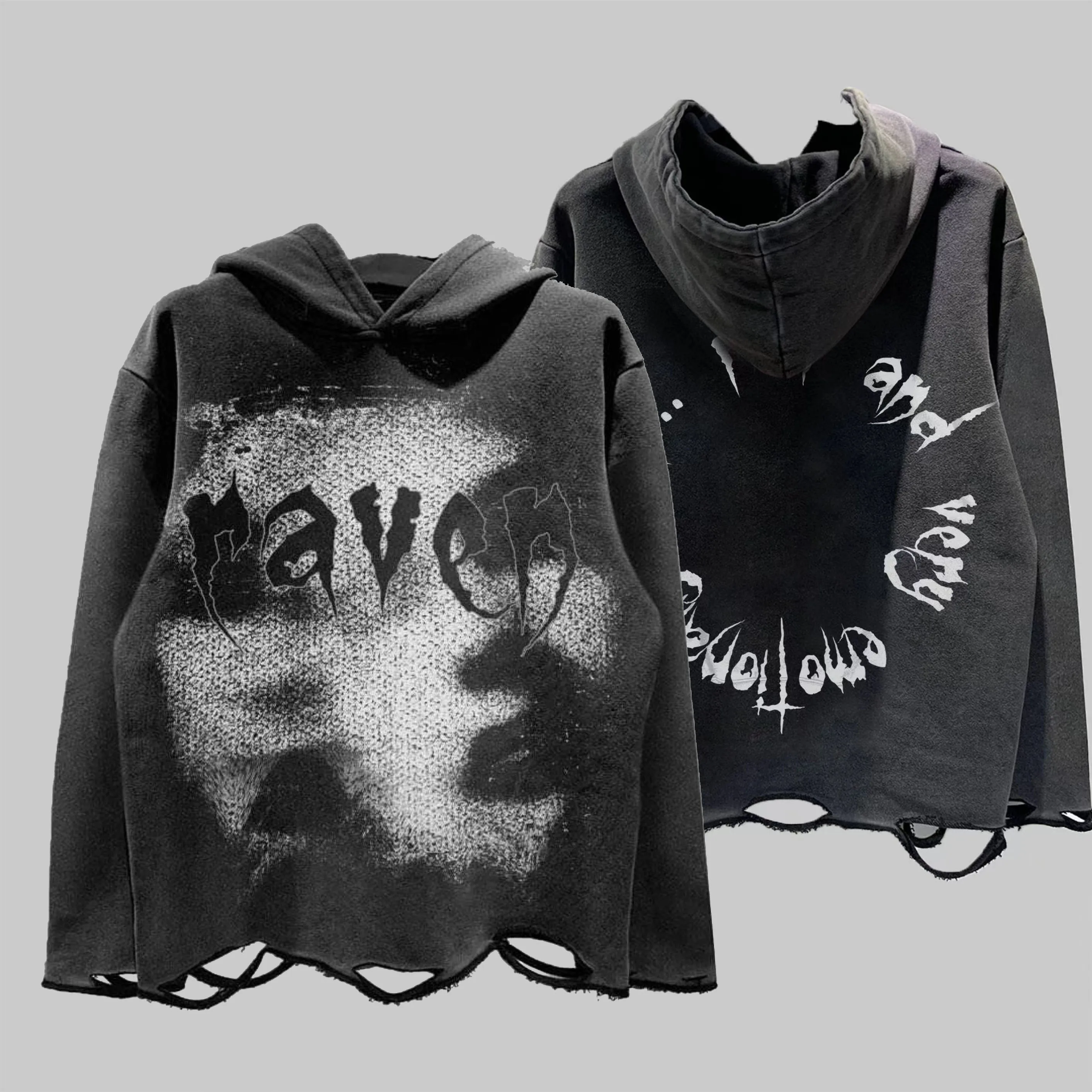 Men Streetwear Custom Screen Printing Sweatshirts Solid Pullovers Mens 100% Cotton Oversized Acid Wash Ripped Raw Hem Hoodies