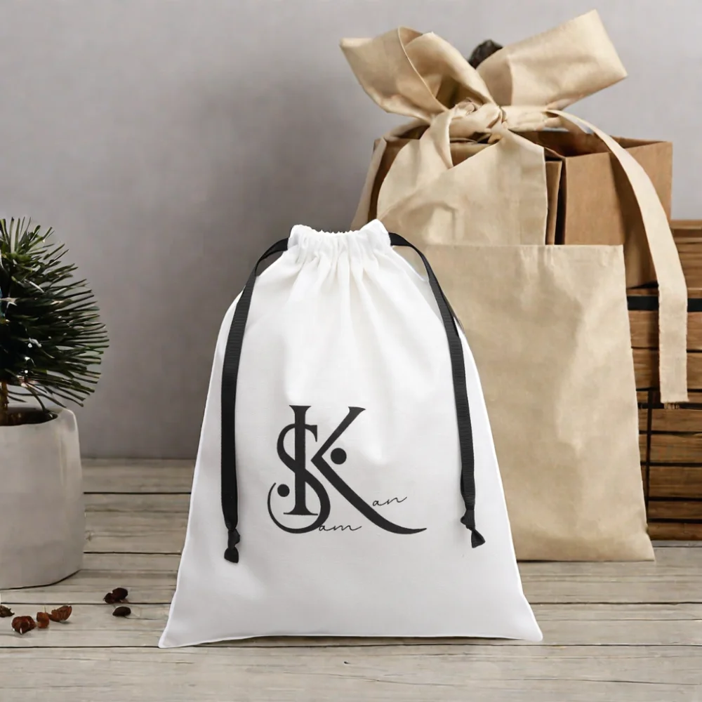 Eco-Friendly Durable Cotton Linen Shoe Pouch Dust Bags Custom Logo Printed Soild Swimsuit Bikini Tracksuit Storage Muslin Bag