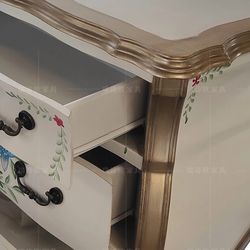 Antique French-Style Solid Wood Green Chest of Drawers Living Room Furniture with Wooden Drawing Cabinets
