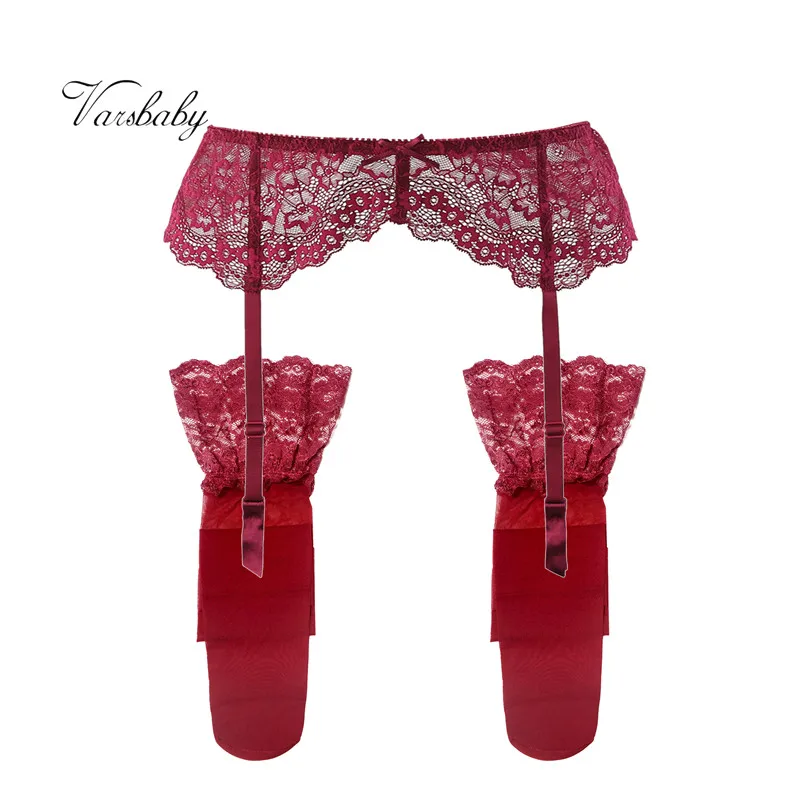 
Varsbaby sexy black and red lace S-XL garter belt + stockings 2 pcs/lots lingerie for ladies 