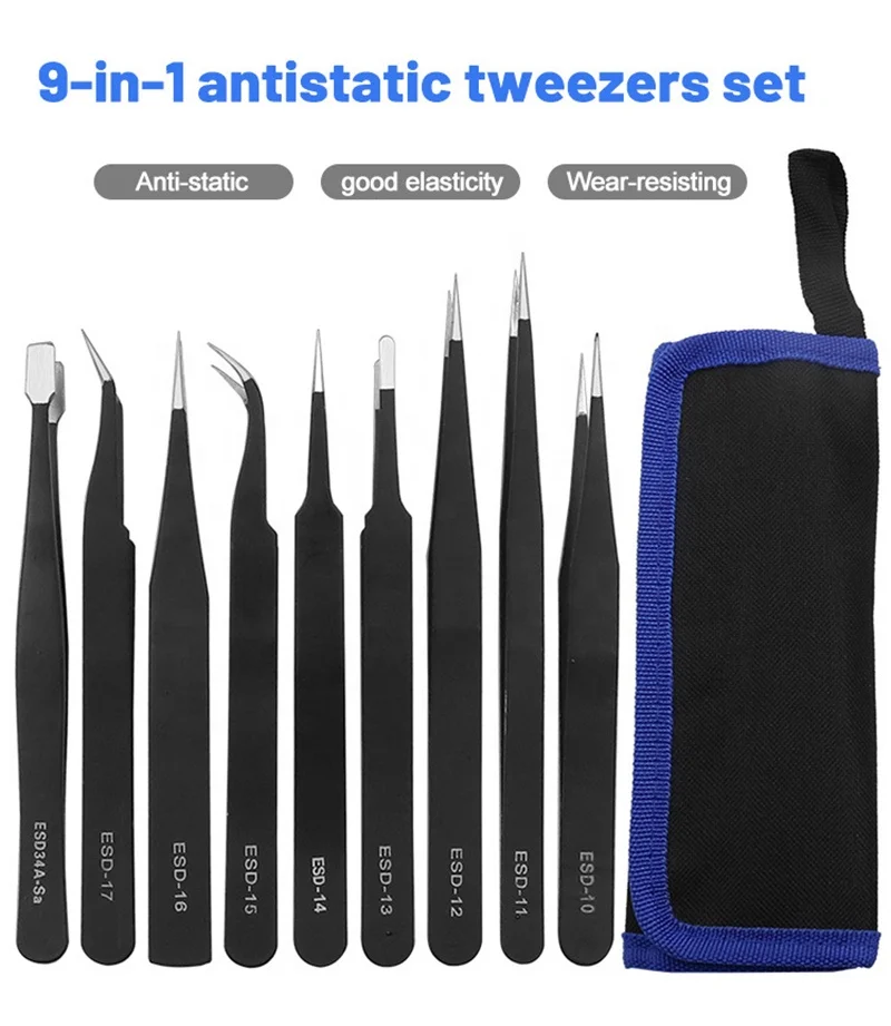 Upgraded Anti-static ESD Stainless Steel Tweezers Maintenance Tools Industrial Precision Curved Straight Tweezers Repair Tools