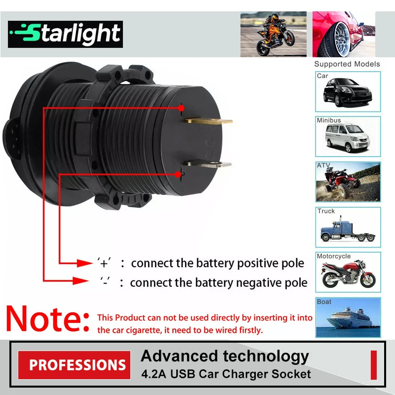 Fireproof Abs DC 12V 24V Car Charger Socket 4.2A Dual Usb Car Charger Adapter for Car Boat Marine Rv Motorcycle
