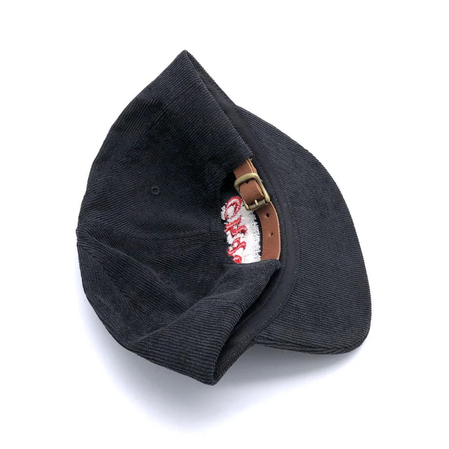 
custom 6 panel flat brim unstructured corduroy hat with leather strap 