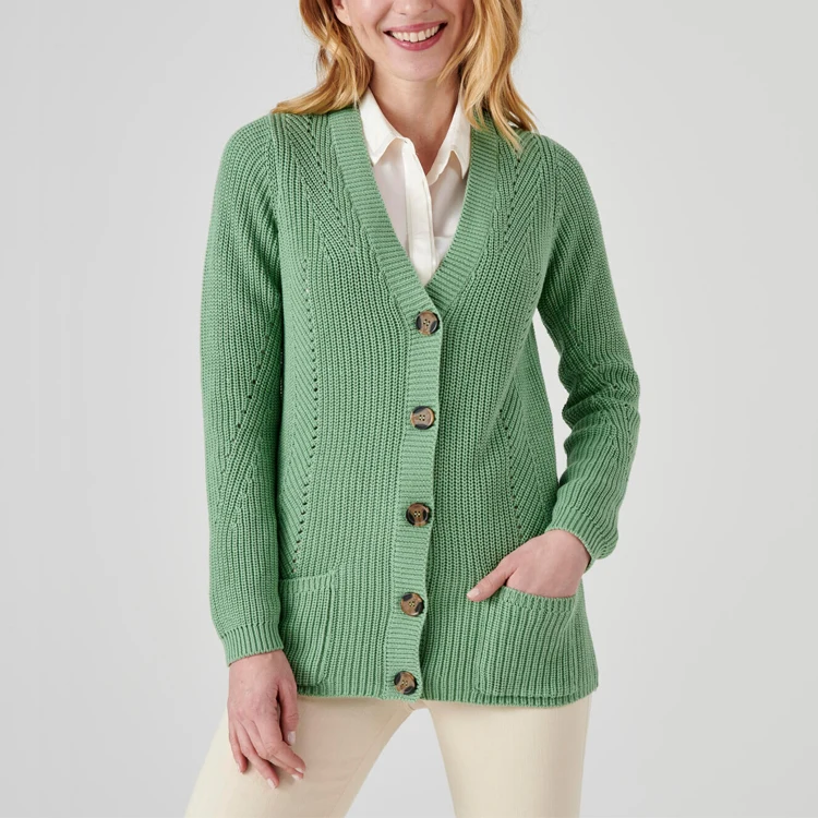 HDDA22023 Ladies basic cardigan trendy top with ribs, fancy stitches and openwork jacket cable knit pocket sweater cardigan
