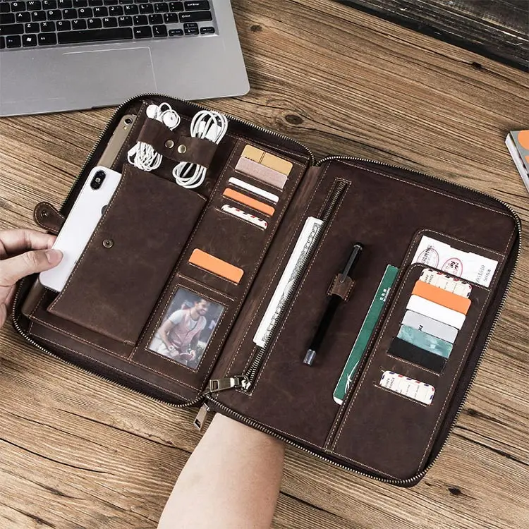 Portfolio with Metal Closure Organizer Genuine Leather Personalized Portfolio for Men & Women