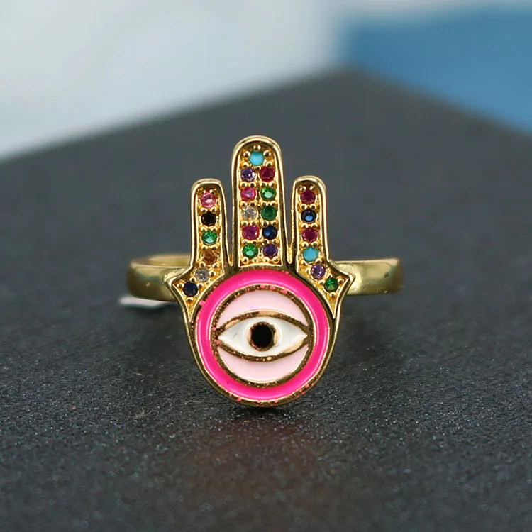 Popular Chic Rainbow Enameled Evil Eyes Hamsa Hand CZ Micro Pave Finger Rings for women