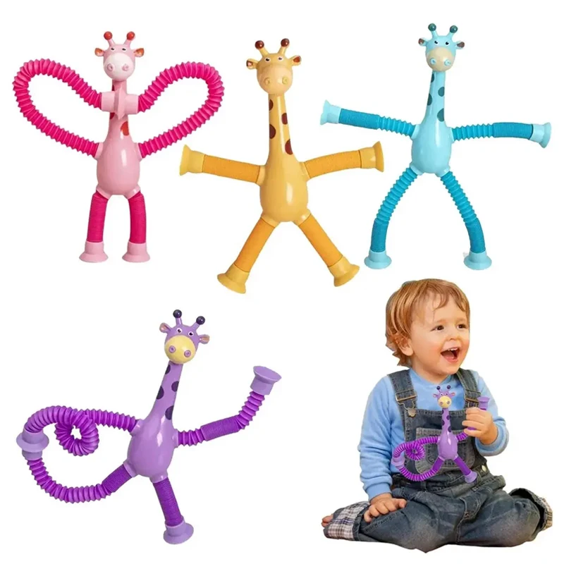 Decompression Squeeze Toys Multicolor LED Light Up Toys Pop Tubes Sensory Fidget Suction Cup Pop Tube Giraffe Toys For Kids