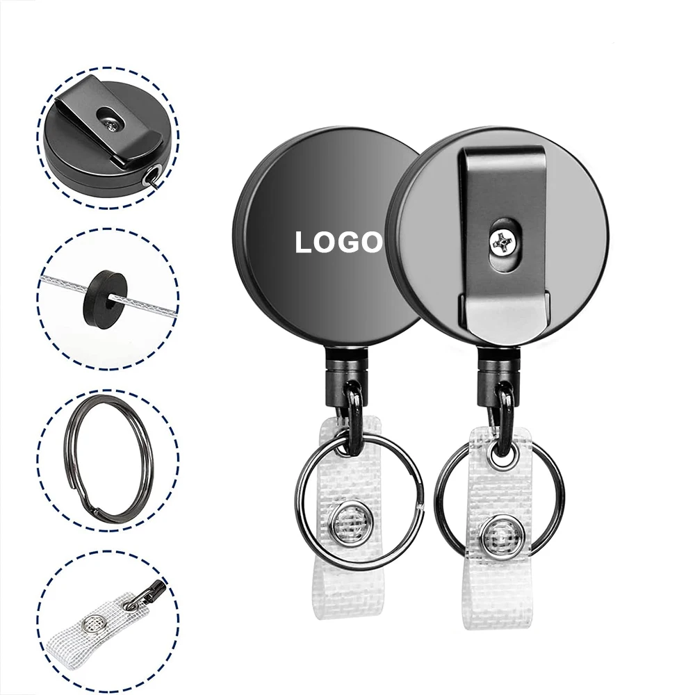 ID Card Badge Reel 60cm Steel Retractable Cord Badge Reel Belt Clip Key Ring Badge Holder Reel for Name Card Keychain