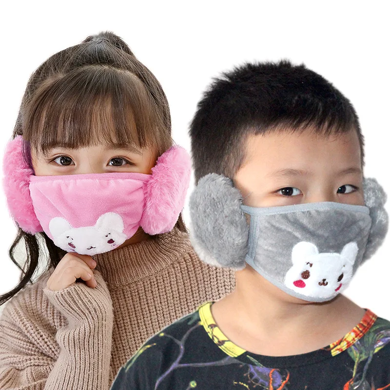 
Wholesale winter new warm plush mascarilla earmuffs earmuffs two in one bear cartoon mascarilla for child kid maskes 