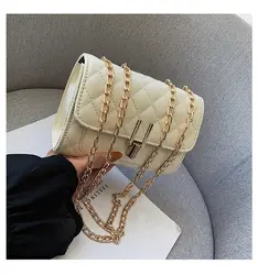 2022 New Small Square Diamond Lattice Bag Pu Solid Zipper Fashion Single Shoulder Messenger Bag with Chain Ladies Handbag Thread