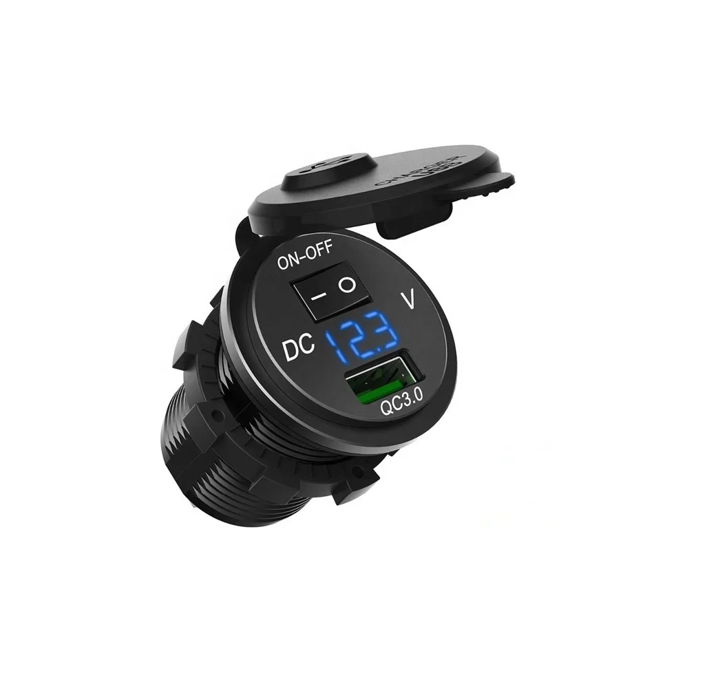 Quick Charge 3.0 USB Car DC5V -12V Charger Socket Digital Display Voltmeter with ON-OFF Switch for Car Motorcycle ATV