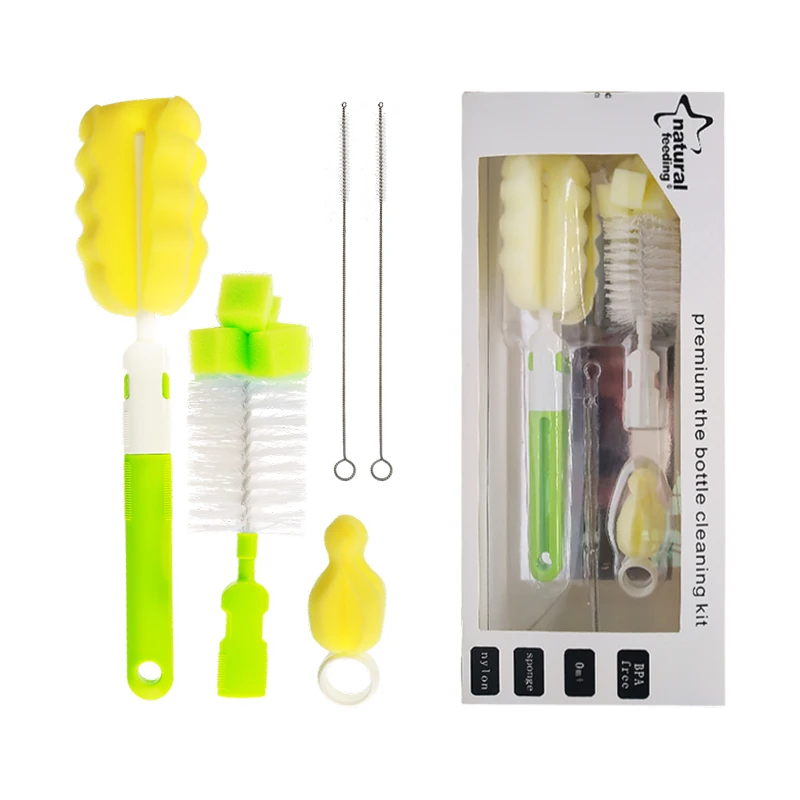Multi-Fountion  6 Piece Baby Products 360 Degree Baby Feeding Bottle Cleaning Sponge Brush Kit
