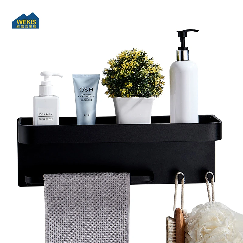 Wall Mounted Black Aluminum Bathroom Shelf Metal Self  Towel Hook Towel Rack Holder Shower Shelf
