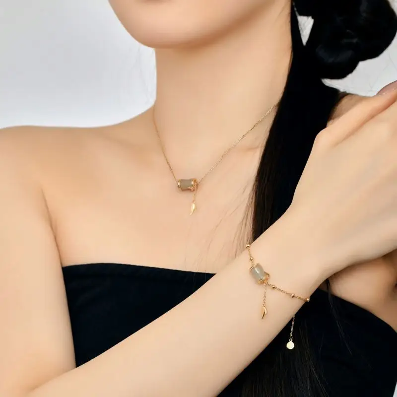 Dylam 22K Gold Plated S925 Sterling Silver Jewelry Necklace Women Girls Bamboo Shape Hetian Jade Pendant Necklaces Bracelets Set