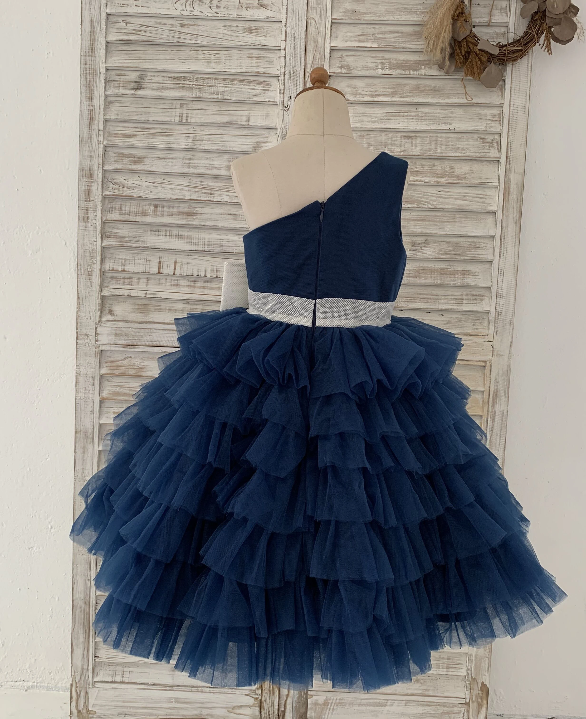 One Shoulder Cupcake Tulle Wedding Flower Girl Dress Kids Birthday Party Dress