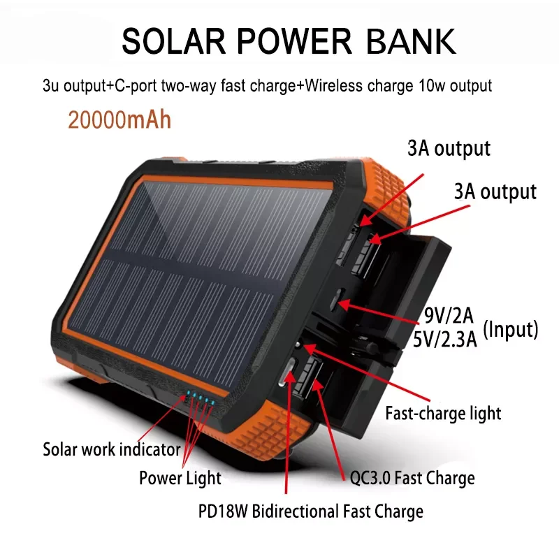 QC3.0 Quick Charge Solar power bank 20000mah with 10W wireless charging and double SOS flashlights