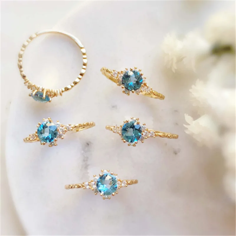 Gold Plating Sterling Silver Blue Zircon Flower Ring Snowflakes Sapphire Ring Finger Rings For Girls Women wedding Jewelry
