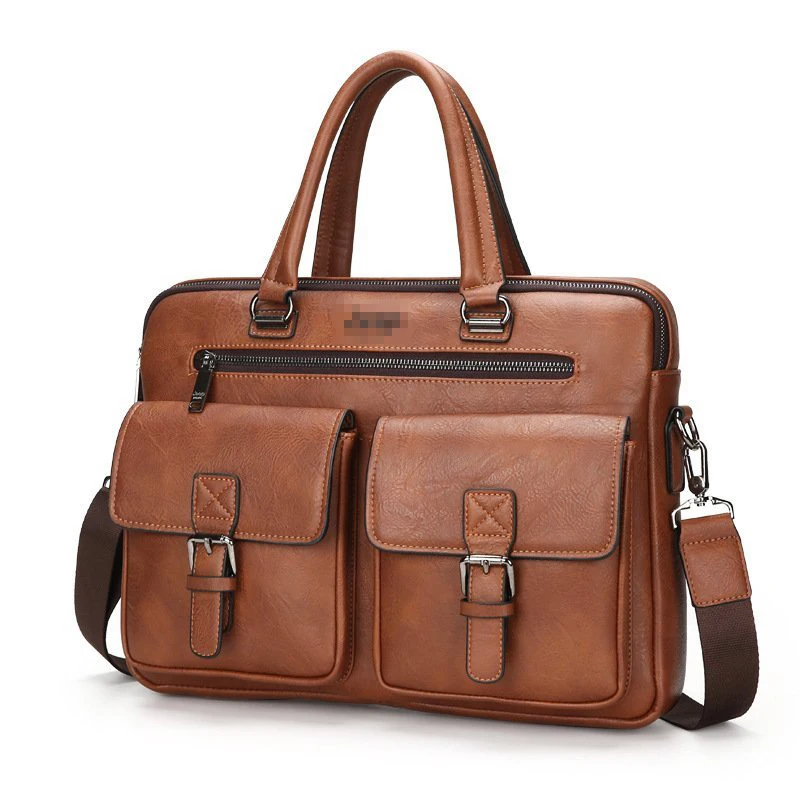 Classic male travel office work brown pu document A4 tote tablet computer pack business men leather briefcase bag customized