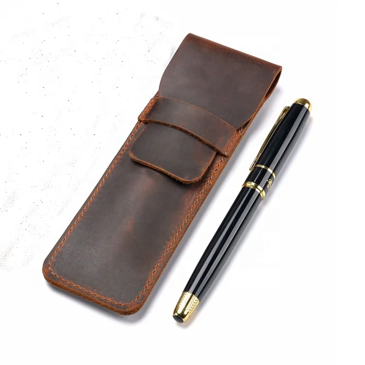 In Stock Hot Sell Leather Pencil Case Holder Handmade Fountain Multi Pens Pouch Crazy Horse Leather Pen Protective Sleeve Cover