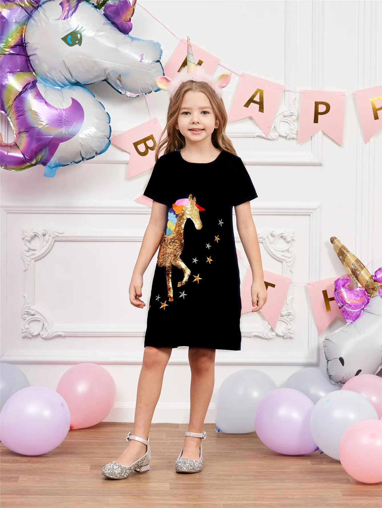 Customized Logo Kids Black Color A-Line Unicorn Sequins Girls Summer Dress 3-8 Years