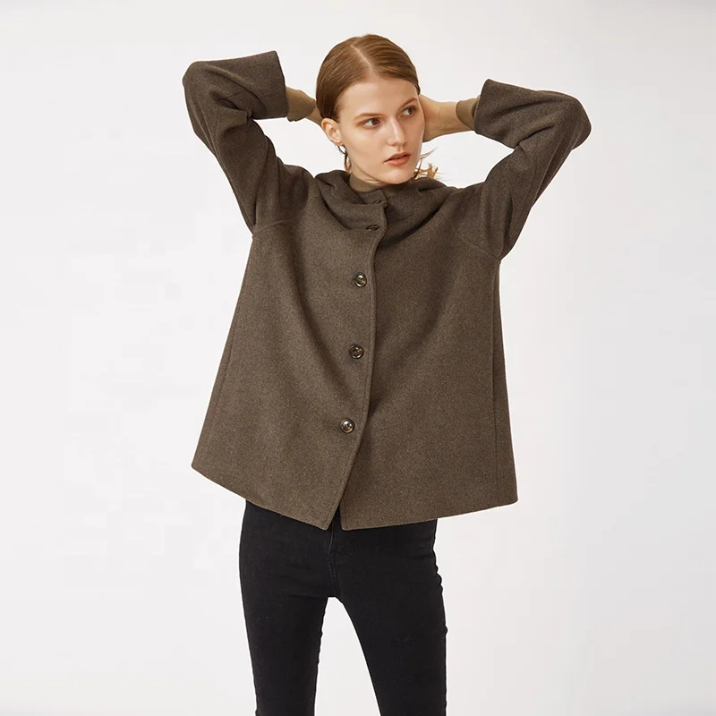 High Quality Loose Brown Single Breasted Hooded Woolen Cloth Short Coat For Women