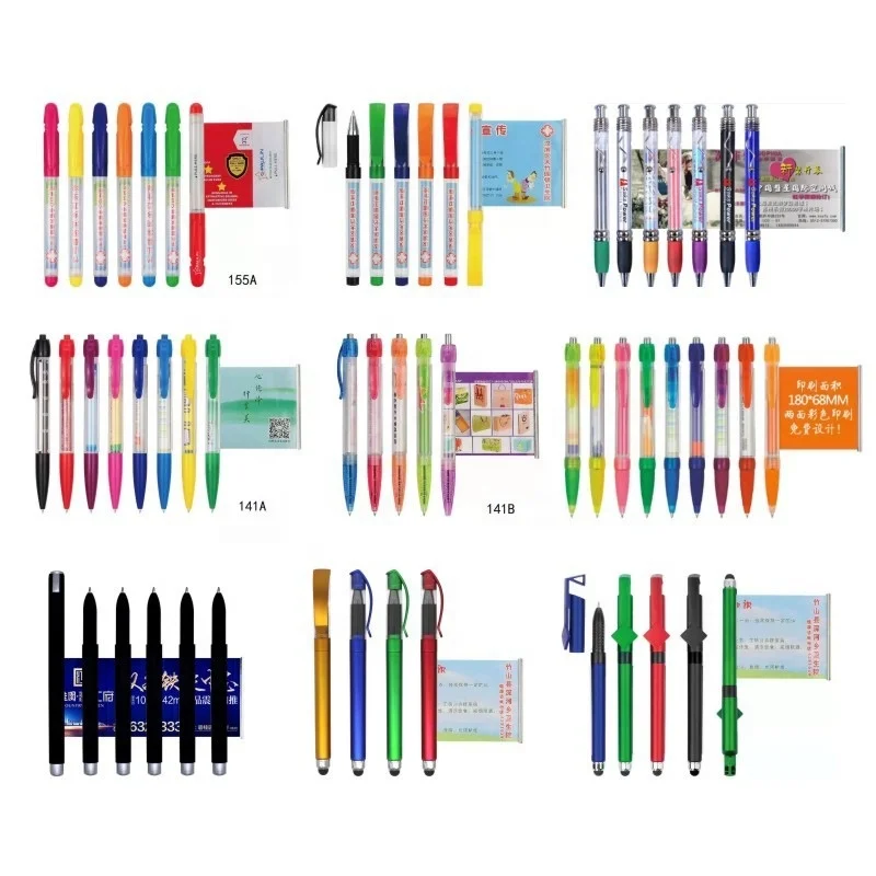 Promotional plastic 0.5mm pens ballpoint custom logo advertising retractable pull out banner flag ball pen