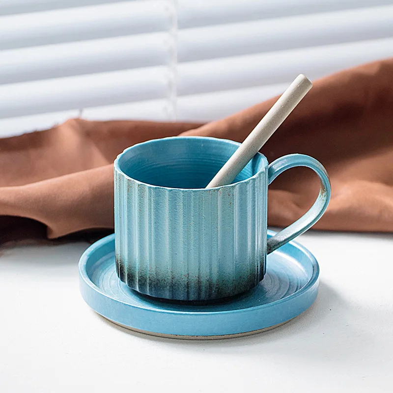 250ML Light Luxury Style Striped Coffee Mug Cup And Saucer Retro Stoneware Japanese Flowing Glaze Afternoon Tea Cup with Saucer