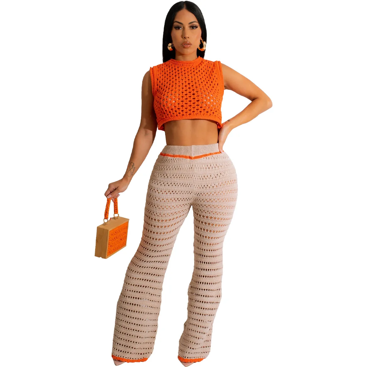 2024 New 2 Piece Women Outfit Crochet Pants Set For Women Two Piece Set Women Clothing With Crop Tank Top