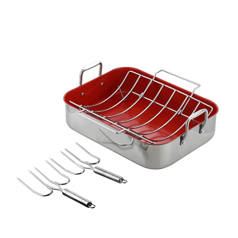 Red Colour non-stick  16Inch Stainless Steel  Cook Roast Commercial Pan with forks