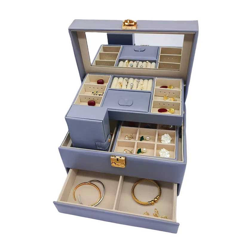 Wholesale High Quality Durable Travel Coded Lock PU Jewelry Carrying Case Large Jewelry Storage Case Jewelry Suitcase With Tray